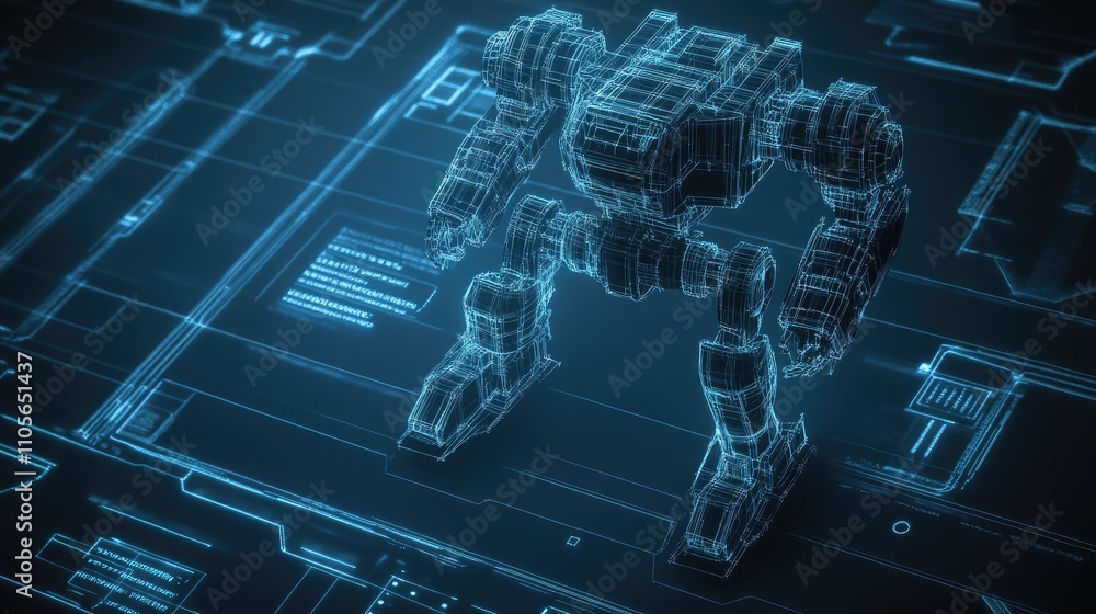 Poster futuristic robotic mech design overlaid on technical blueprint grid