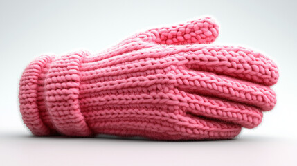 Pink knitted winter glove on white background