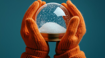 Orange winter gloves holding a snow globe against blue background