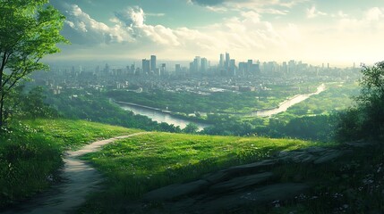 Obraz premium Serene Cityscape Viewed From Lush Green Hilltop
