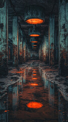 Abandoned sewer with rusty pipes and glowing lights reflecting in water. eerie atmosphere evokes sense of mystery and decay, highlighting contrast between light and shadow