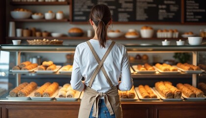 Young Baker in Apron Standing in Front of Bakery Display