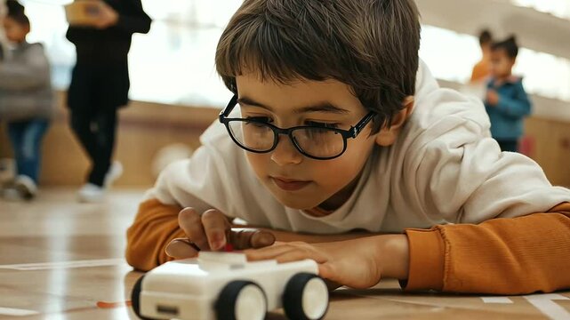 Kid Testing Robot Mobility on Obstacle Course in School Setting