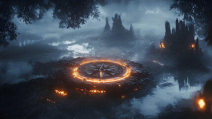 Misjudgment: A glowing, broken compass spinning aimlessly across a misty, enchanted lake, where ancient trees stand watch and ethereal lights dance upon the water.