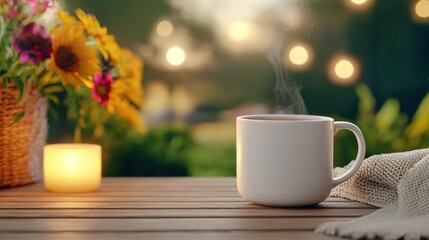 Fototapeta premium Family in garden. Cozy scene with coffee and flowers