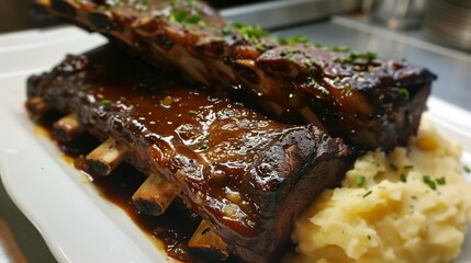 Delightful baked beef rib rack with mashes of potatoes