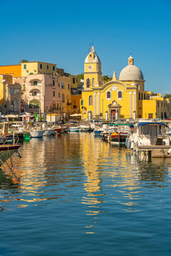 View of Church of Santa Maria della Pieta in the fishing port Marina Grande with boats, Procida, Phlegraean Islands, Gulf of Naples, Campania, Southern Italy, Italy