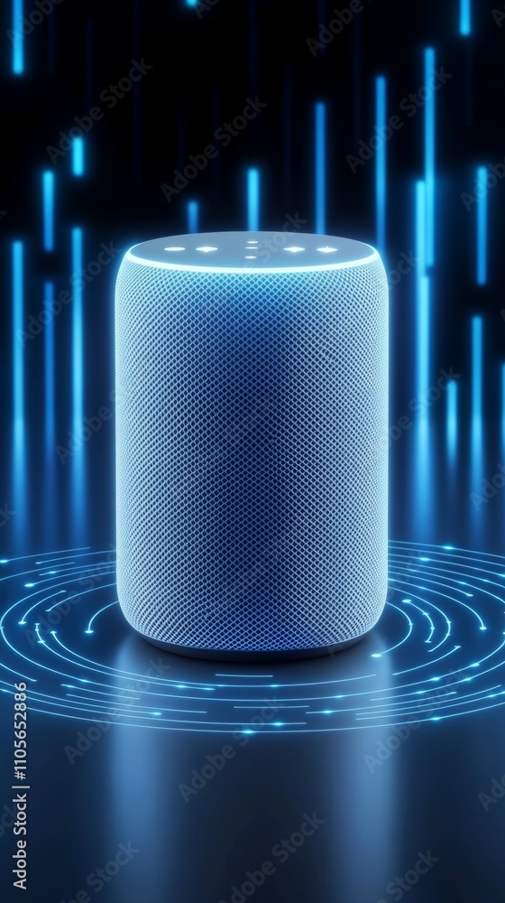Poster a smart speaker sits on a circular platform with glowing blue lines and a dark background.