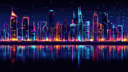 Vibrant Night Cityscape with Neon Lights and Reflections on Water