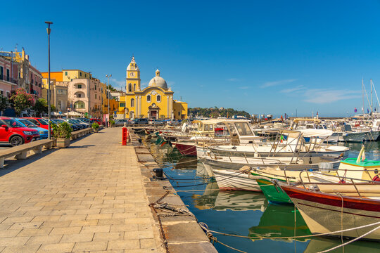 View of Church of Santa Maria della Pieta in the fishing port Marina Grande with boats, Procida, Phlegraean Islands, Gulf of Naples, Campania, Southern Italy, Italy