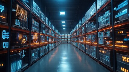 High-tech warehouse showcasing digital displays and illuminated storage systems