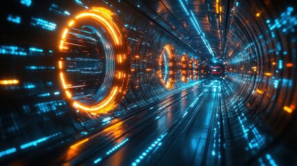 Fototapeta premium Futuristic holographic displays with glowing cyan lines, metallic reflections, and dynamic lighting
