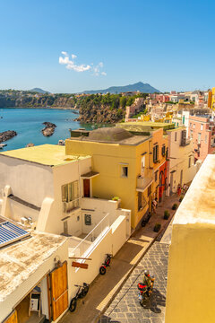 View of Marina di Corricella from Church of Santa Maria delle Grazie, Procida, Phlegraean Islands, Gulf of Naples, Campania, Southern Italy, Italy