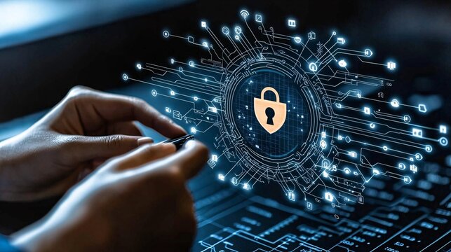 A business meeting discussing cybersecurity solutions for protecting client data Stock Photo with side copy space