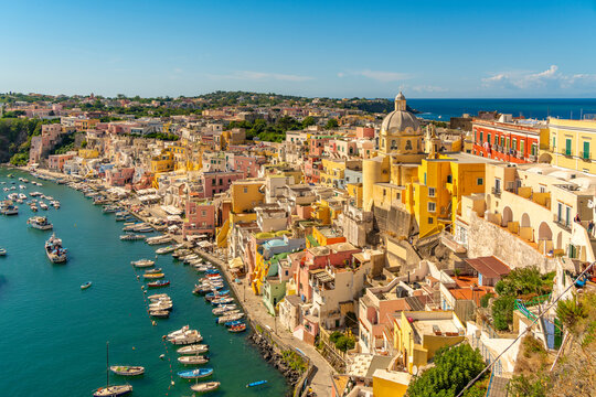 View of Marina di Corricella from elevated position, Procida, Phlegraean Islands, Gulf of Naples, Campania, Southern Italy, Italy