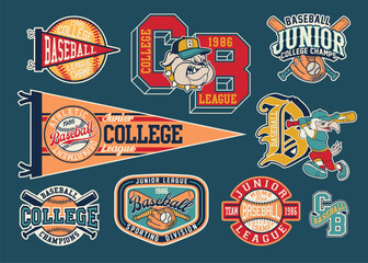 College junior kid baseball league badges collection cute vintage vector for children boy sport wear print embroidery for fabric shirt sweatshirt pajamas 