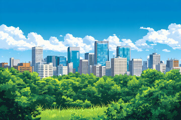 Fototapeta premium Urban Skyline Illustration. Cityscape with Lush Green Trees