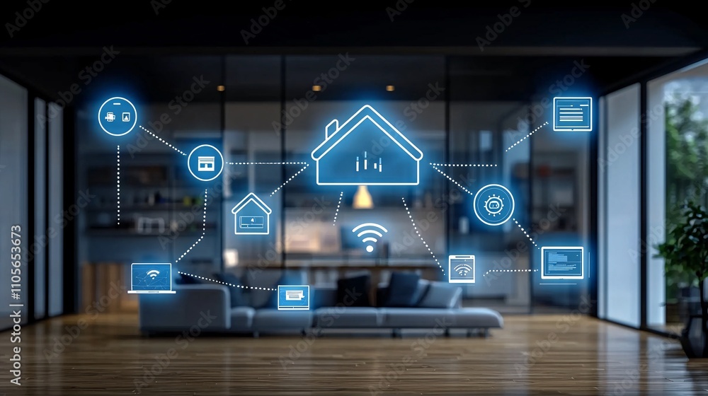 Poster an innovative workspace with devices connected securely to a private network stock photo with side c