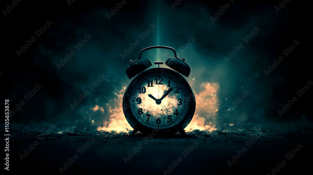 Poster alarm clock explodes in dark abstract background