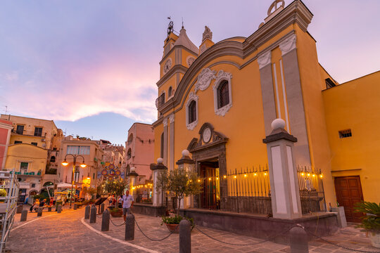 View of Church of Santa Maria della Pieta at dusk, Procida, Phlegraean Islands, Gulf of Naples, Campania, Southern Italy, Italy