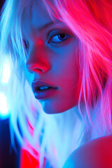 A young blonde woman with wavy hair looking at camera ai generated