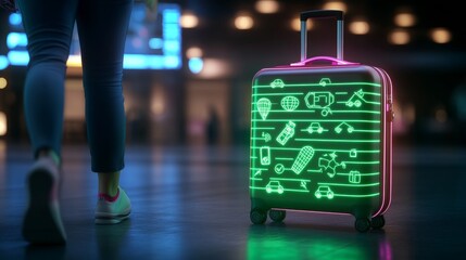 A woman walks towards a glowing suitcase with travel icons at an airport.