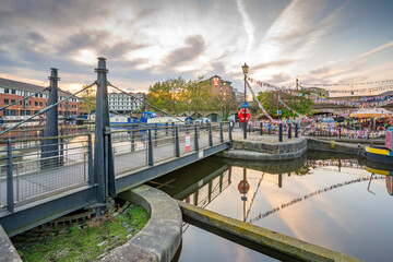 View of canal boats at Victoria Quays at sunset, Sheffield, South Yorkshire, England, United Kingdom