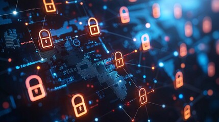 A global business visualization secured by cybersecurity solutions and data encryption Stock Photo with side copy space