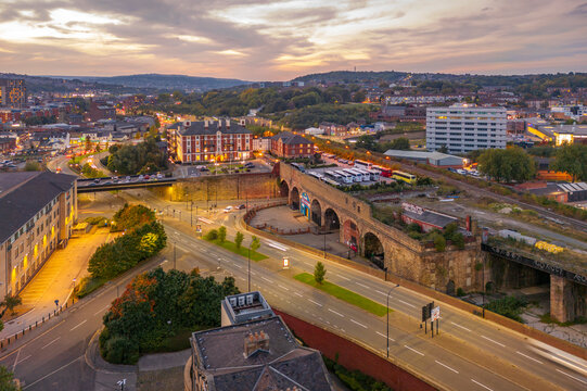 Aerial view of Sheffield city skyline at dusk, Sheffield, South Yorkshire, England, United Kingdom