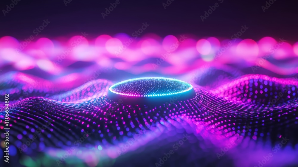 Poster abstract digital background with glowing neon lights and a round platform.