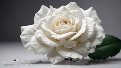 Beautiful White Rose With Delicate Petals and Water Droplets Resting on a Surface