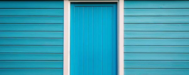 Fototapeta premium A vibrant, turquoise door framed by a wooden wall, showcasing a contemporary and inviting aesthetic in a coastal or beach-inspired setting.