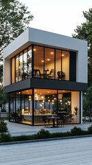 Fototapeta premium Modern Cafe Building Design. Evening Illumination