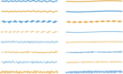 Fototapeta premium イラスト素材：ライン素材のあしらい 手書きのシンプルでかわいい罫線 青 水色 黄色 simple hand draw borders