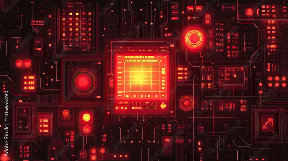 Poster futuristic digital interface with red neon elements and circuit board