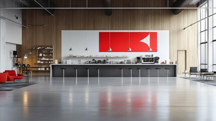 Modern Office Cafe Interior Design with Red Accent Wall