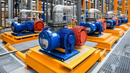 Fototapeta premium Industrial Machinery. Blue and Red Pumps in Factory Setting