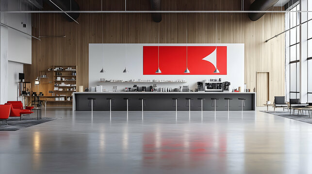 Modern Office Cafe Interior Design with Red Accent Wall