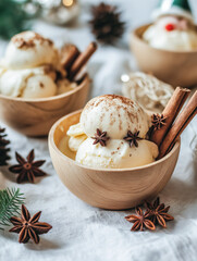 Fototapeta premium Rustic Wooden Bowls Filled with Eggnog Ice Cream Scoops, Adorned with Cinnamon Sticks and Star Anise, Arranged on a Linen Tablecloth Surrounded by Scandinavian Christmas Decor