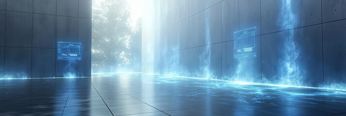 futuristic room with glowing holographic control panels and serene atmosphere. walls are sleek and modern, with misty light filtering through, creating tranquil environment