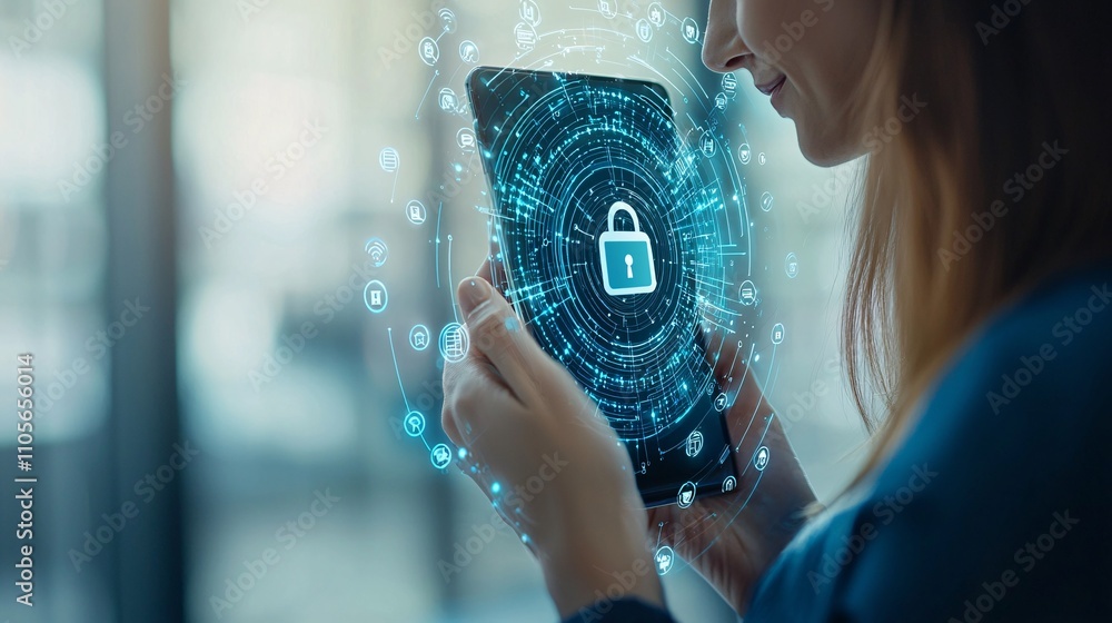 Poster A smart office showcasing encrypted IoT devices ensuring seamless and secure operations Stock Photo with side copy space