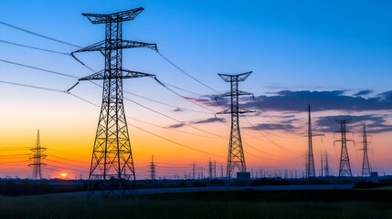 Sunset Silhouette of Power Transmission Towers