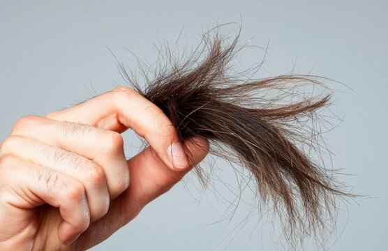A hand holds a tuft of messy, unkempt hair against a gray background, highlighting its disheveled appearance.