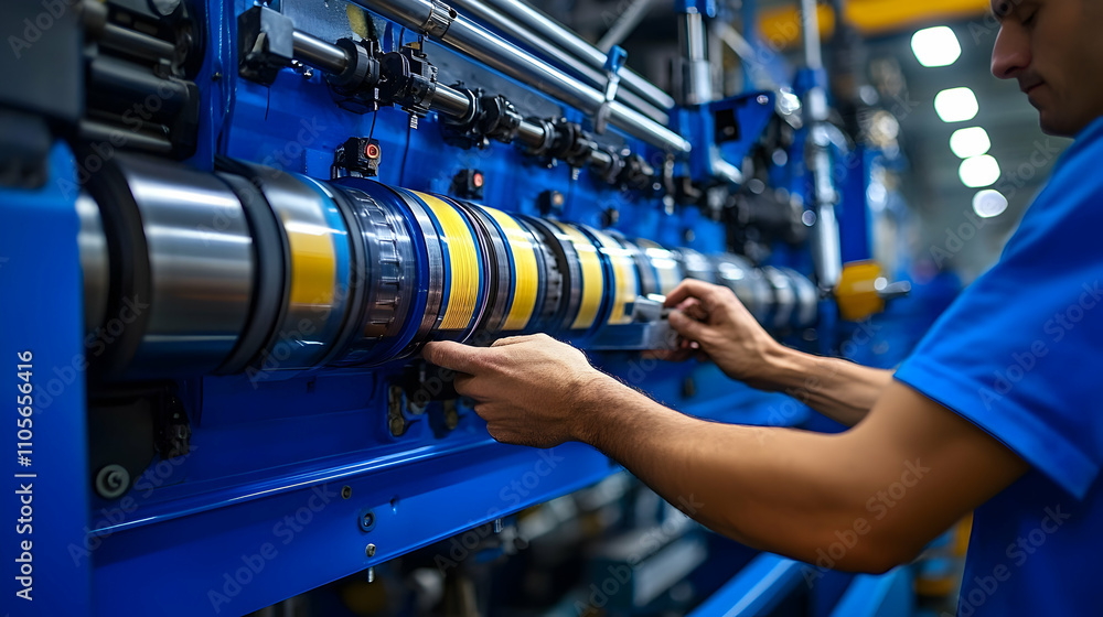 Poster worker adjusting industrial winding machine with yellow thread reels in factory setting