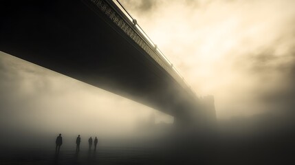 Naklejka premium Fog Shrouds Figures Beneath Tower Bridge