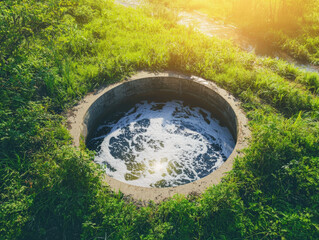 large circular sewer outlet surrounded by lush green grass, with bubbling wastewater flowing out. sunlight creates warm glow, enhancing natural beauty of scene
