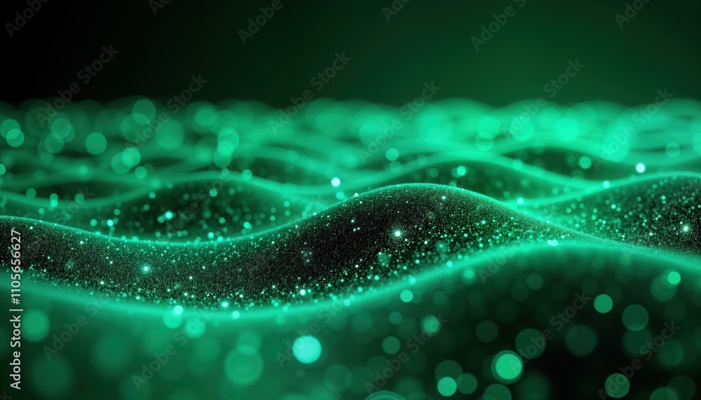 Poster abstract digital landscape with green glowing waves, particles. futuristic graphic design with moder