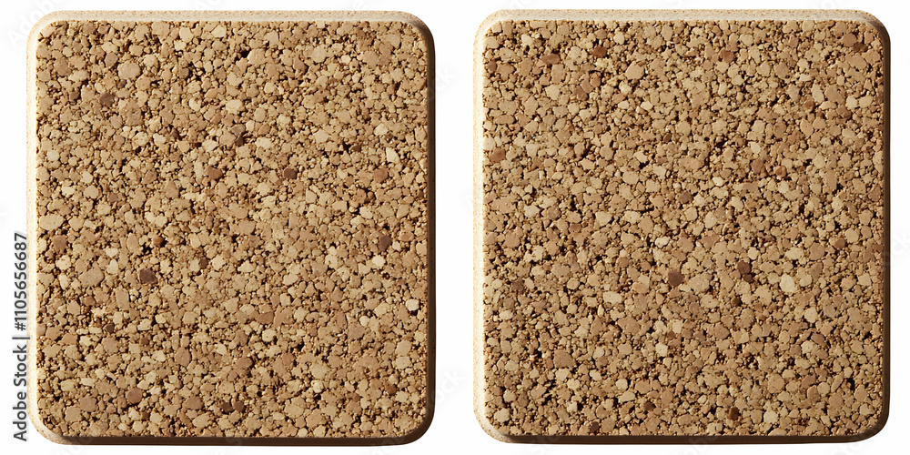 Poster close-up view of two rectangular cork tiles, showing detailed texture and natural brown color