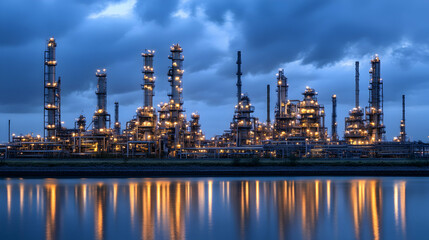 Obraz premium Industrial Refinery at Dusk, Illuminated Towers Reflecting on Water
