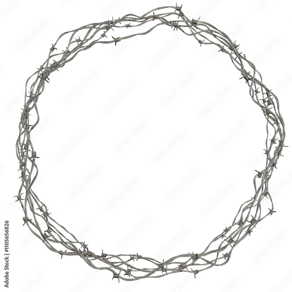 Poster circular barbed wire design: a circular design element made of barbed wire, isolated on a transparen
